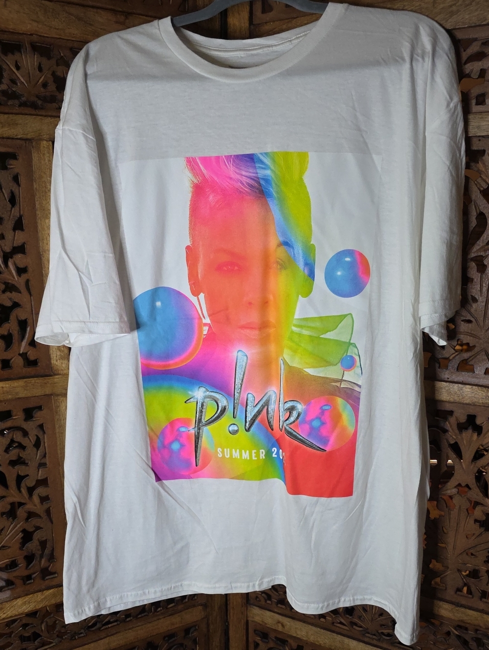 PINK White Tee with Multicolor Neon Concert Graphic Size XXL